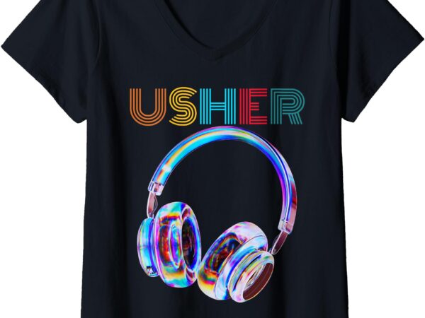 Womens usher hiphop fan music headphone vintage design v-neck t-shirt