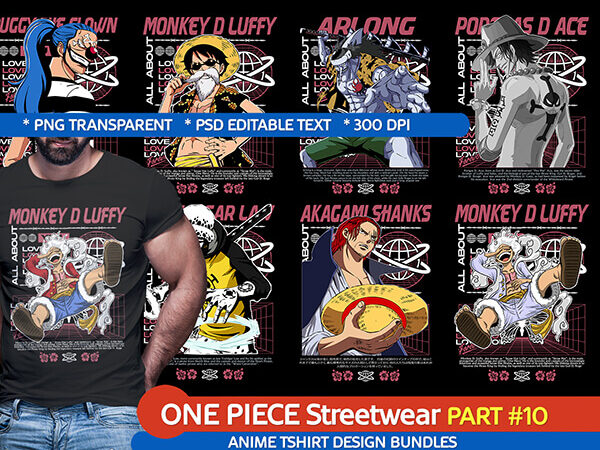 [part #10] one piece streetwear anime t shirt design bundle