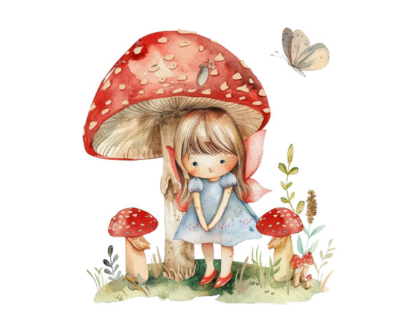 Cartoon little mashroom fairy watercolor t shirt vector file