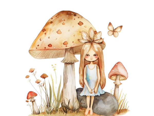 Cartoon little mashroom fairy watercolor t shirt vector file