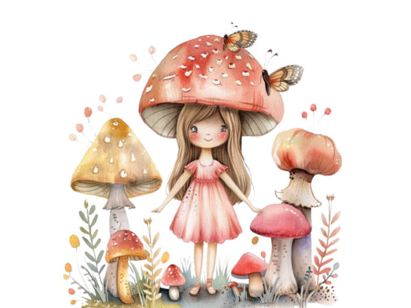 Cartoon little mashroom fairy watercolor t shirt vector file