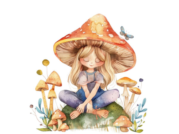 Cartoon little mashroom fairy watercolor t shirt vector file