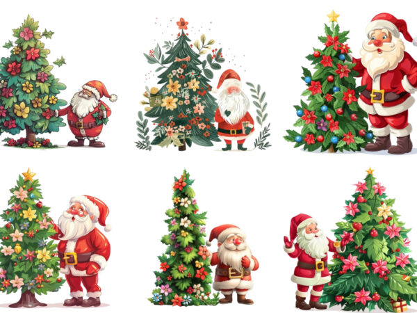 Cartoon santa standing beside green tree t shirt vector file