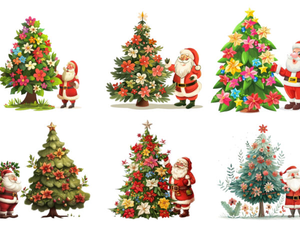 Cartoon santa standing beside green tree t shirt vector file