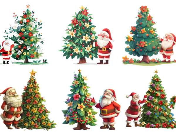 Cartoon santa standing beside green tree t shirt vector file