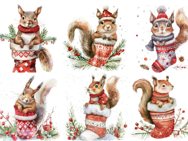 Watercolor christmas squirrel clipart t shirt design for sale