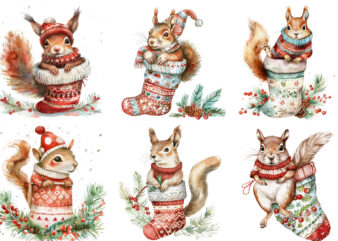 Watercolor Christmas Squirrel Clipart