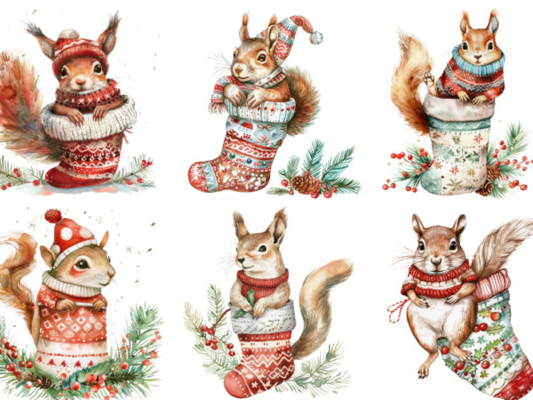 Watercolor christmas squirrel clipart t shirt design for sale