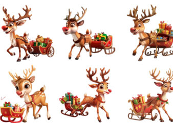 cute cartoon reindeer pulling tiny sleigh