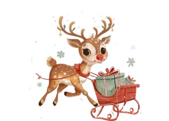 cute cartoon reindeer pulling tiny sleigh