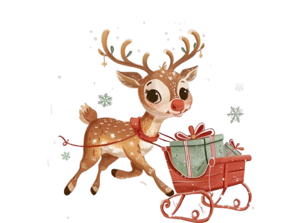 Cute cartoon reindeer pulling tiny sleigh t shirt vector file