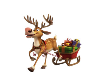 cute cartoon reindeer pulling tiny sleigh