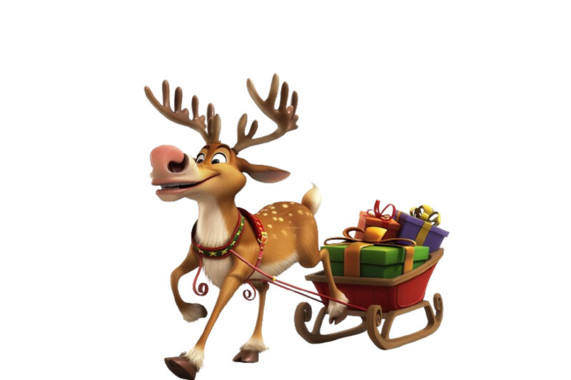 cute cartoon reindeer pulling tiny sleigh