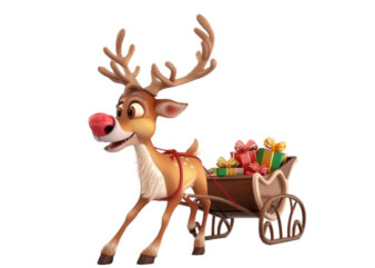 cute cartoon reindeer pulling tiny sleigh