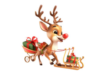 cute cartoon reindeer pulling tiny sleigh