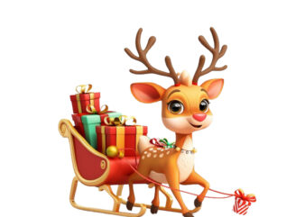 cute cartoon reindeer pulling tiny sleigh