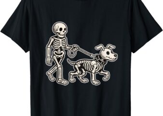 skeleton with dog walking Halloween Costume Funny Skull T-Shirt