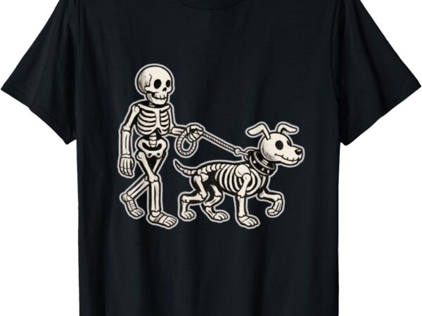 Skeleton with dog walking halloween costume funny skull t-shirt