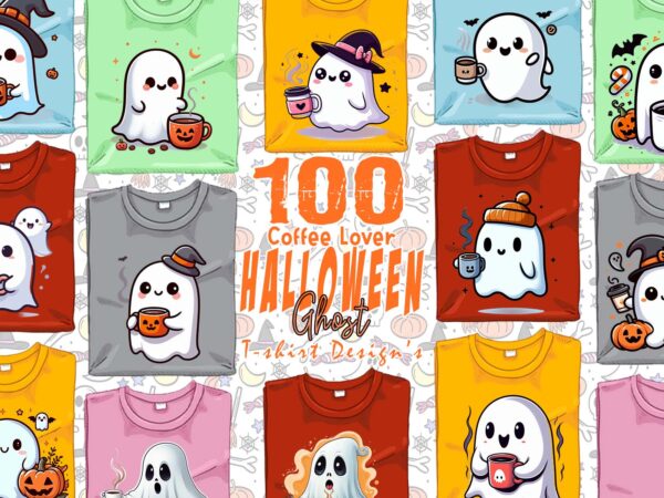 Magical coffee party of halloween cute ghost t-shirt design bundle of 100 designs – download instantly for pod