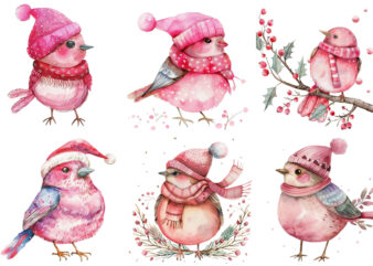 watercolor pink Christmas cartoon bird