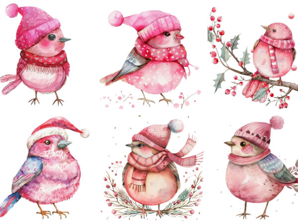 Watercolor pink christmas cartoon bird t shirt design for sale