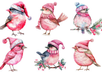 watercolor pink Christmas cartoon bird