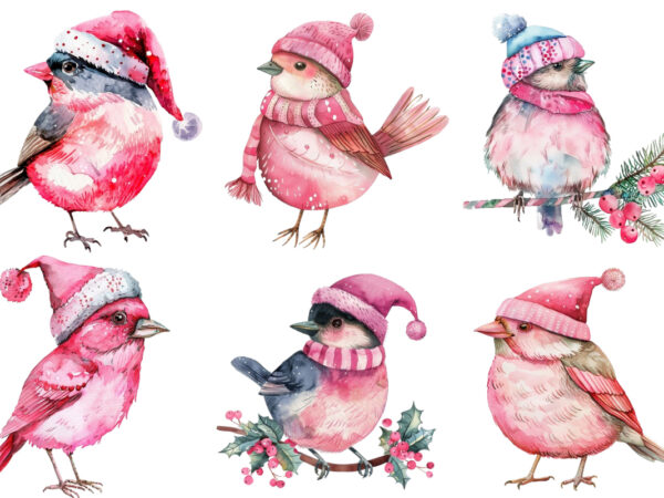 Watercolor pink christmas cartoon bird t shirt design for sale