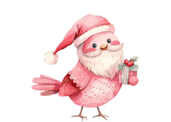 watercolor pink Christmas cartoon bird