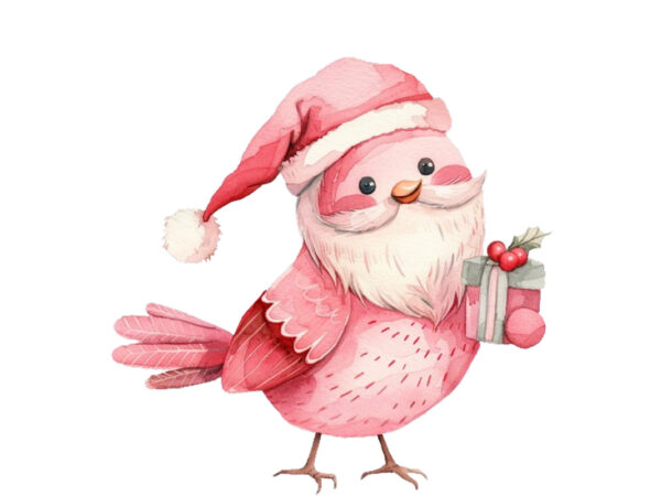 Watercolor pink christmas cartoon bird t shirt design for sale