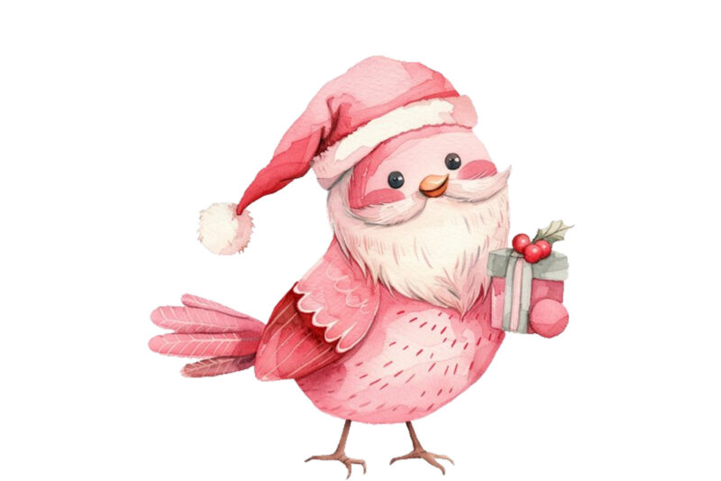 watercolor pink Christmas cartoon bird