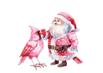 watercolor pink Christmas cartoon bird