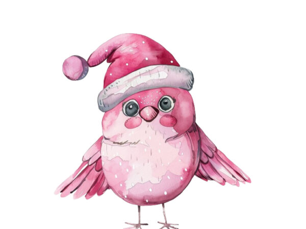 Watercolor pink christmas cartoon bird t shirt design for sale