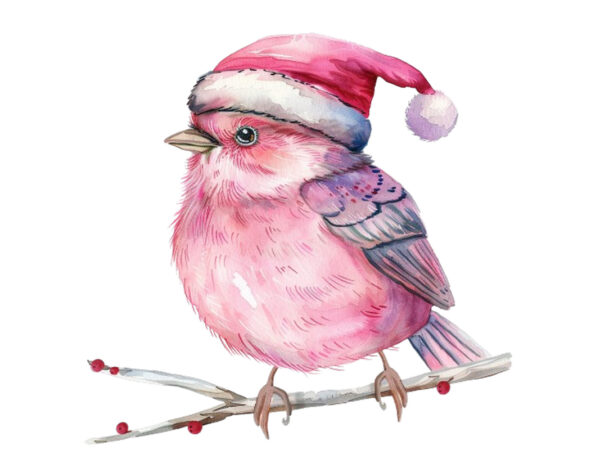 Watercolor pink christmas cartoon bird t shirt design for sale