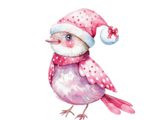 watercolor pink Christmas cartoon bird