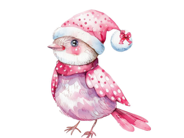 Watercolor pink christmas cartoon bird t shirt design for sale