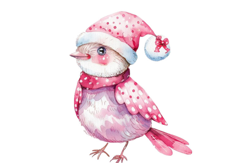 watercolor pink Christmas cartoon bird