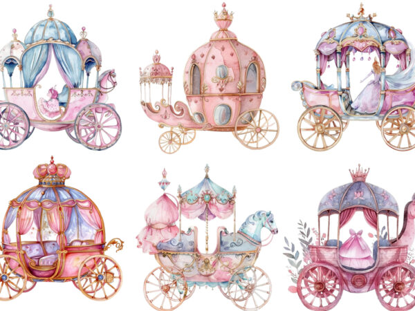 Watercolor princess carriage clipart t shirt design for sale