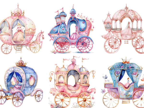 Watercolor princess carriage clipart t shirt design for sale