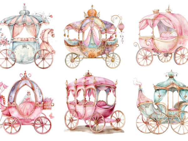 Watercolor princess carriage clipart t shirt design for sale