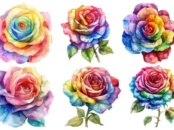 Watercolor rainbow rose clipart t shirt design for sale