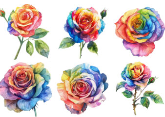 watercolor rainbow rose clipart t shirt design for sale