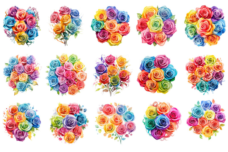 watercolor rainbow spirin roses clipart