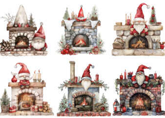 watercolor red fireplace with gnome