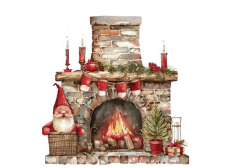 watercolor red fireplace with gnome t shirt design for sale