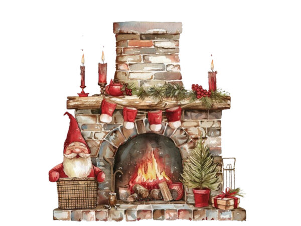 Watercolor red fireplace with gnome t shirt design for sale