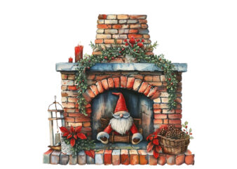 watercolor red fireplace with gnome t shirt design for sale