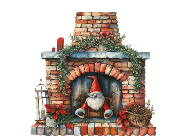 Watercolor red fireplace with gnome t shirt design for sale