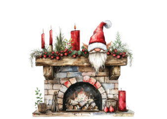 watercolor red fireplace with gnome