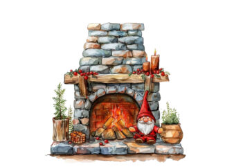 watercolor red fireplace with gnome t shirt design for sale