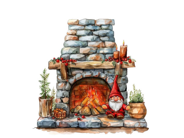 Watercolor red fireplace with gnome t shirt design for sale